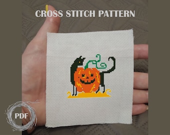 Cat and Halloween Pumpkin Cross Stitch Pattern PDF, Spooky Black Cat Chart, Autumn Embroidery, Digital Instant Download, DMC White Aida