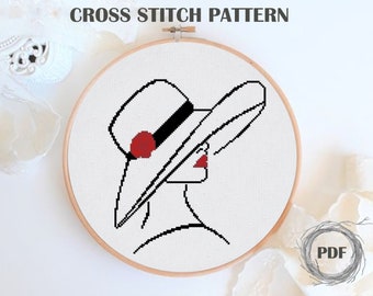 Woman in Hat Cross Stitch Pattern PDF, Female Face Embroidery, Modern Minimalist Chart, Digital Download, DMC White Aida