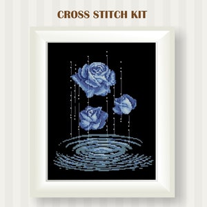 Cross Stitch Kit Blue Roses, DMC Embroidery Kit, Counted Cross Stitch Kit, Modern Cross Stitch Kit, Cross Stitch Flower Kits