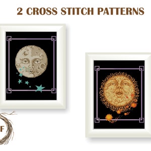 Set of Moon and Sun cross stitch pattern PDF, Mystical cross stitch chart, Sun and Moon counted cross stitch, Instant download PDF