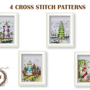 Set of 4 Lighthouses cross stitch pattern PDF, Seascape lighthouse counted cross stitch, Marine cross stitch chart, PDF Instant Download