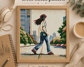 Modèle de point de croix PDF « Fille avec casque audio », diagramme compté, motif de broderie urbaine, téléchargement numérique instantané, toile Aïda blanche DMC.