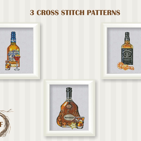 Set of 3 Bottles Alcohol Cross Stitch Pattern PDF, Kitchen Embroidery, Whiskey Counted cross stitch, Cognac Cross stitch chart, Download PDF