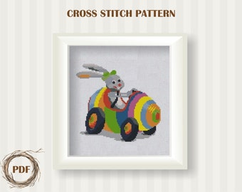 Easter Bunny Rabbit cross stitch pattern PDF, Counted Cross Stitch for beginner, Rabbit in the car Cross Stitch chart, PDF Instant Download