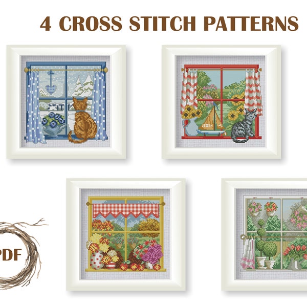 Window 4 seasons cross stitch pattern PDF, Spring Summer Autumn Winter counted cross stitch, Nature cross stitch chart, PDF instant download