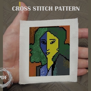 Portrait of Lydia by Matisse cross stitch pattern PDF, Matisse mini cross stitch, Abstract woman embroidery, Miniature art cross stitch