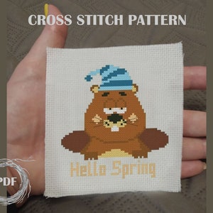 Hello spring cross stitch pattern PDF, Groundhog Day counted cross stitch, Marmot cross stitch chart, Spring embroidery Instant download PDF