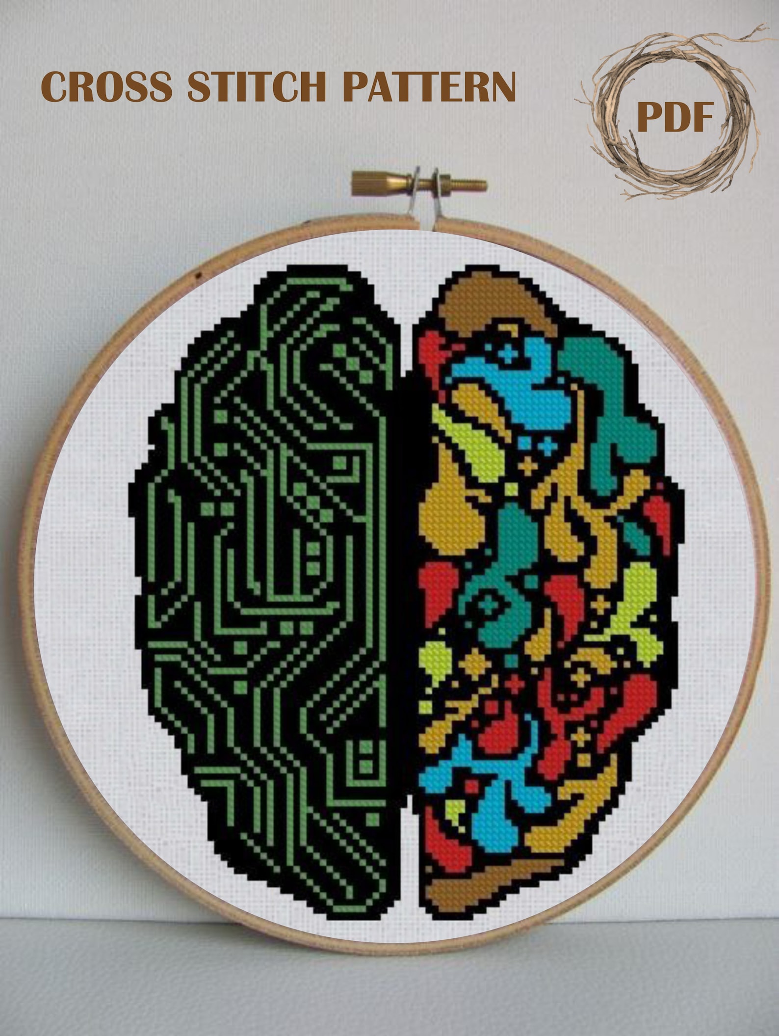 Brain Cross Stitch Pattern PDF, Microchip Brain Modern Cross Stitch