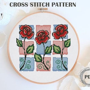 Roses cross stitch pattern PDF, Flower Cross Stitch, Modern roses cross stitch pattern, Instant Download, Nature cross stitch chart