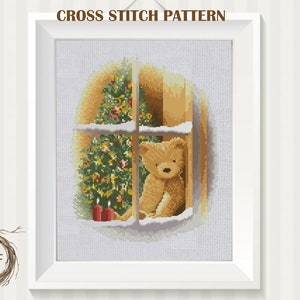 Christmas Window Bear cross stitch pattern PDF, Bear counted cross stitch, PDF instant download, Christmas Teddy Embroidery