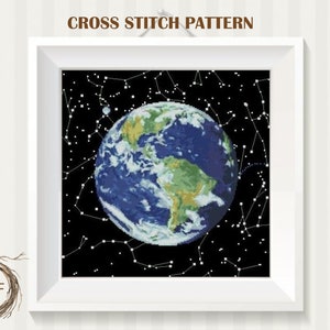 Planet Earth and constellations cross stitch pattern PDF, Space embroidery, Planet Earth counted cross stitch, Instant Download PDF