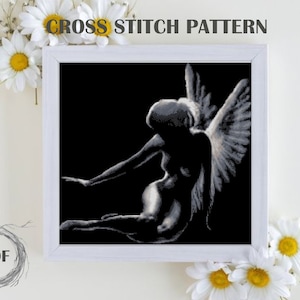 Shadow of angel cross stitch pattern PDF, Angel counted cross stitch, Monochrome cross stitch pattern, Woman Angel, Instant Download PDF