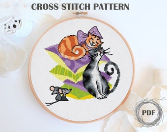 Cat and mouse cross stitch pattern PDF, Cats love cross stitch design DMC, Cute animals PDF scheme for embroider, Instant Download