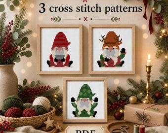 May include: Three framed cross stitch patterns featuring gnomes in red, green, and brown outfits. The text 3 cross stitch patterns is displayed at the top, and the text PDF is centered at the bottom. Each gnome has a white beard and hat.