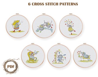 Mice in Love cross stitch pattern PDF, Set of 6 mouse counted cross stitch, Valentines day cross stitch chart, PDF instant download