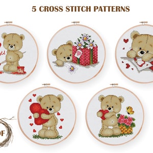 Set of 5 Love Bears cross stitch pattern PDF, Teddy Bears counted cross stitch, Valentine's Day cross stitch chart, PDF instant download