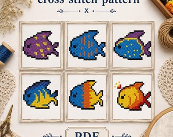 Mini Fishes Cross Stitch Set of 6 PDF, Little Ocean Animals Chart, Marine Embroidery Design, Digital Download, DMC White Aida