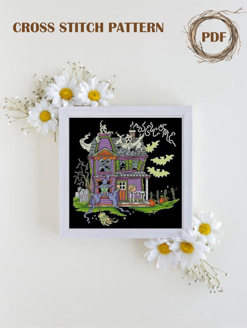 Haunted House Cross Stitch Pattern PDF Halloween Cross Stitch - Etsy