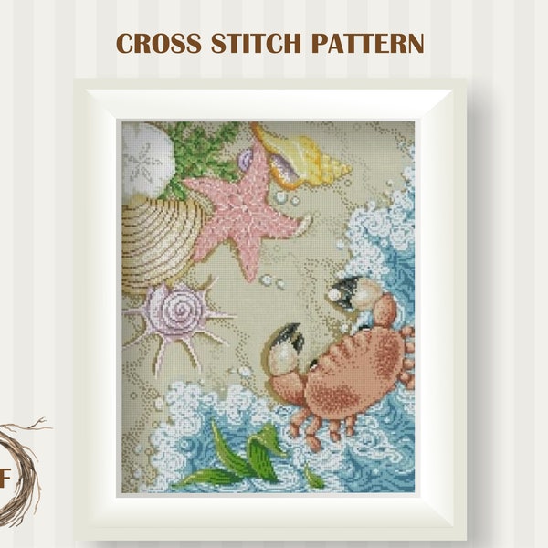 Crab Shells Pearls cross stitch pattern PDF, Ocean shore counted cross stitch, Beach cross stitch chart, Nature embroidery, Instant Download