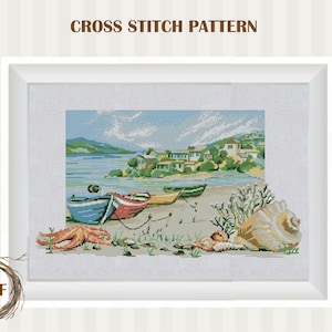 Seascape cross stitch pattern PDF, Marine counted cross stitch, Boats cross stitch chart, Nature embroidery, PDF instant download
