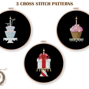 Gâteaux d’anniversaire ensemble de 3 motifs de point de croix PDF, Gâteau joyeux anniversaire point de croix compté, Motif de broderie Cupcake, Téléchargement instantané PDF