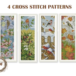 Birds Four Seasons cross stitch pattern PDF, Nature counted cross stitch, Instant download PDF, Spring Summer Autumn Winter Digital Art