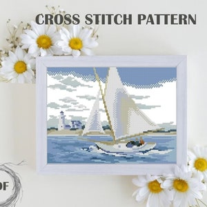 Sailboat Cross Stitch Pattern PDF, Seascape Cross Stitch, Nature Counted Cross Stitch, River Embroidery chart, Instant Download PDF