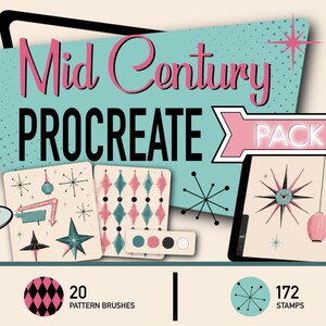 Może przedstawiać: Cyfrowy pakiet zasobów do programu Procreate z ilustracją różowego koktajlu, tabletem wyświetlającym wzory geometryczne i gwiazdy oraz napisem Mid Century PROCREATE PACK. Zawiera 20 pędzli wzorzystych i 172 pieczątki do projektów.