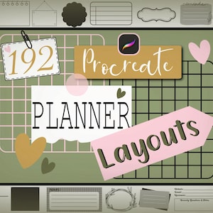 Puede incluir: Un planificador digital con 192 diseños para Procreate. El planificador presenta un fondo de cuadrícula verde con acentos rosados, blancos y marrones. El texto "Procreate Planner Layouts" se muestra en la imagen.