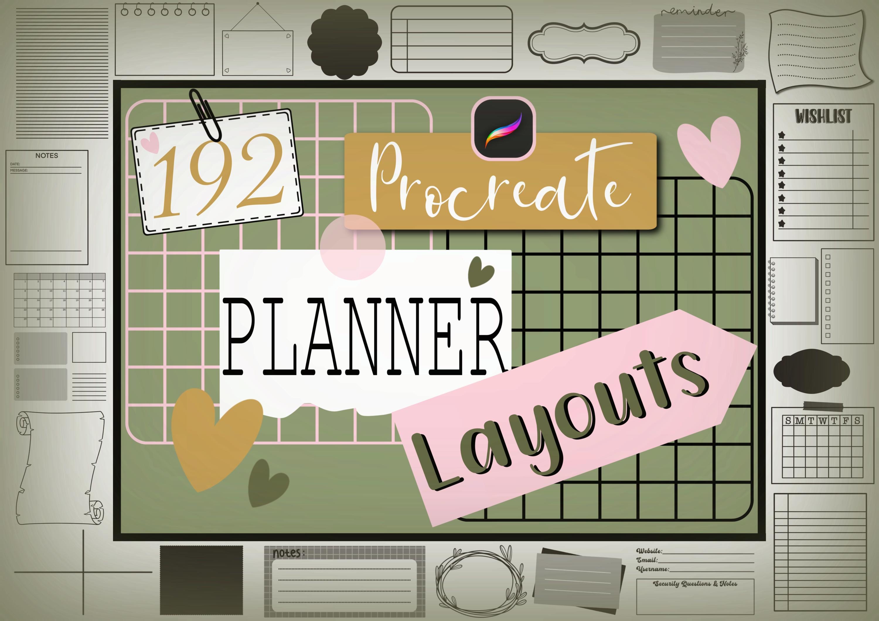192 Planner & Journal Layout Procreate Stamps Pack | Digital Planning & Notes Brush Set