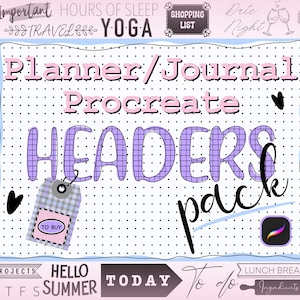 以下が含まれることがあります： Procreate 用のデジタルプランナーとジャーナルのヘッダーパック。紫と白のチェック柄のデザインで、"Planner/Journal Procreate Headers Pack" というテキストが書かれています。