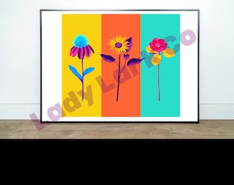 3 Flowers Digital Print, Modern Art, Andy Warhol Inspired, Mothers Day Gift, Birthday, Artwork, Colorful, Color Block, Bright Colors