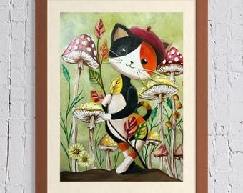 Peinture originale de Catrina, illustration fantaisiste de chat des bois, peinture acrylique de champignons, décoration cottagecore de livre d'histoires (8,5 x 12 pouces)