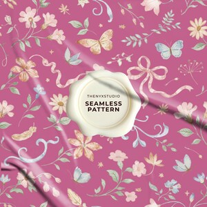 May include: A seamless pattern design featuring watercolor illustrations of flowers, butterflies, and ribbons in soft pastel colors on a magenta background. The text "SEAMLESS PATTERN" is displayed on a white seal.