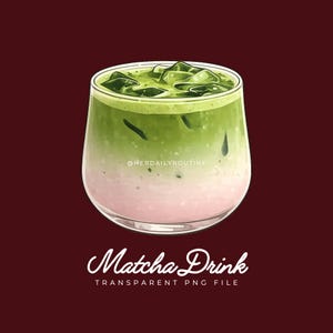 May include: A refreshing matcha drink in a clear glass, featuring layers of green and pink hues, topped with ice cubes. The image includes the text "Matcha Drink" and "Transparent PNG File".