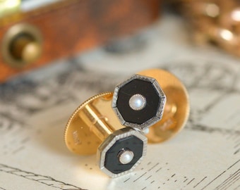 Art Deco Onyx & Pearl Collar Studs in 9ct Gold, Antique c1920s, Men's Dress Jewelry