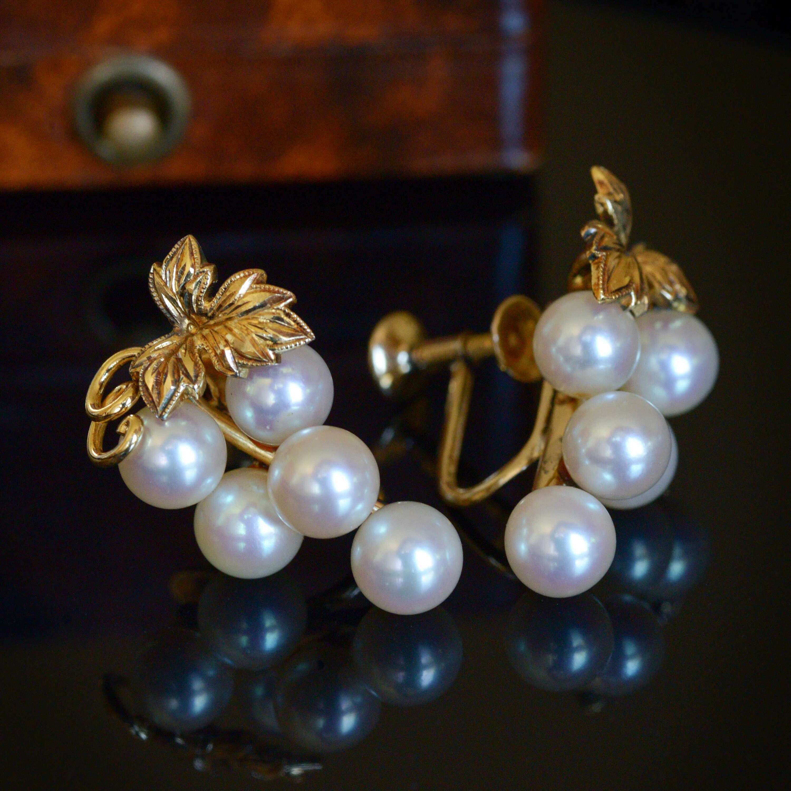 Akoya Pearl Drop Earrings Yellow Gold Non-Pierced Screw Backs