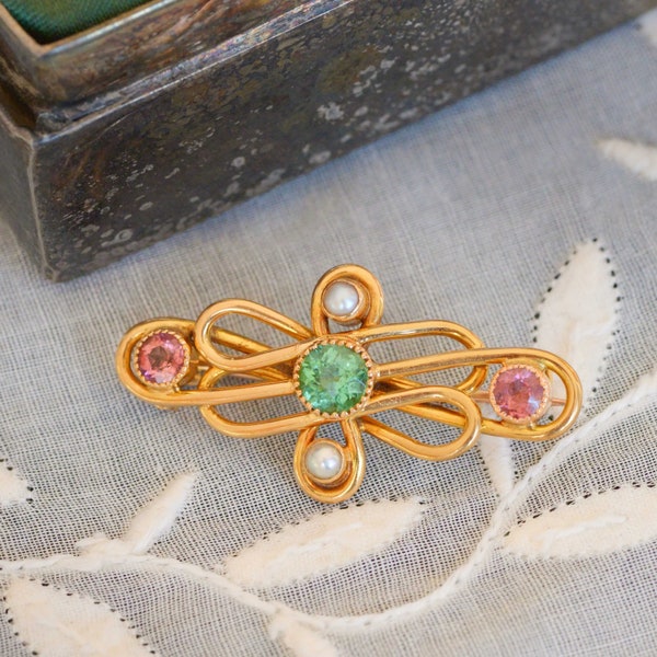 Edwardian Tourmaline & Seed Pearl Brooch in 14ct Gold, Antique c1900s, Art Nouveau or Suffragette Style Lapel Pin