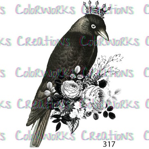Bird with Flowers Laser Printed Waterslide Decal for Tumblers Ready to Use Supplies Printed Image Transfer Design Bouquet Black Crow