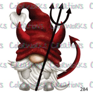 May include: A red and white gnome with a devil's tail and horns, holding a black trident.