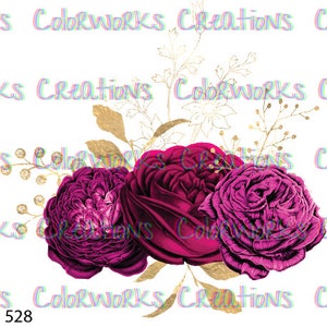 May include: A floral design featuring three deep magenta roses with detailed petals, accented by gold-colored leaves and delicate sprigs. The text "ColorWorks Creations" is visible in the background, along with the number "528".