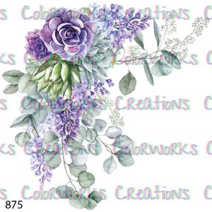 May include: A watercolor illustration of a bouquet of purple flowers and green succulents. The flowers are arranged in a loose, cascading style, with the succulents adding a touch of texture and greenery.