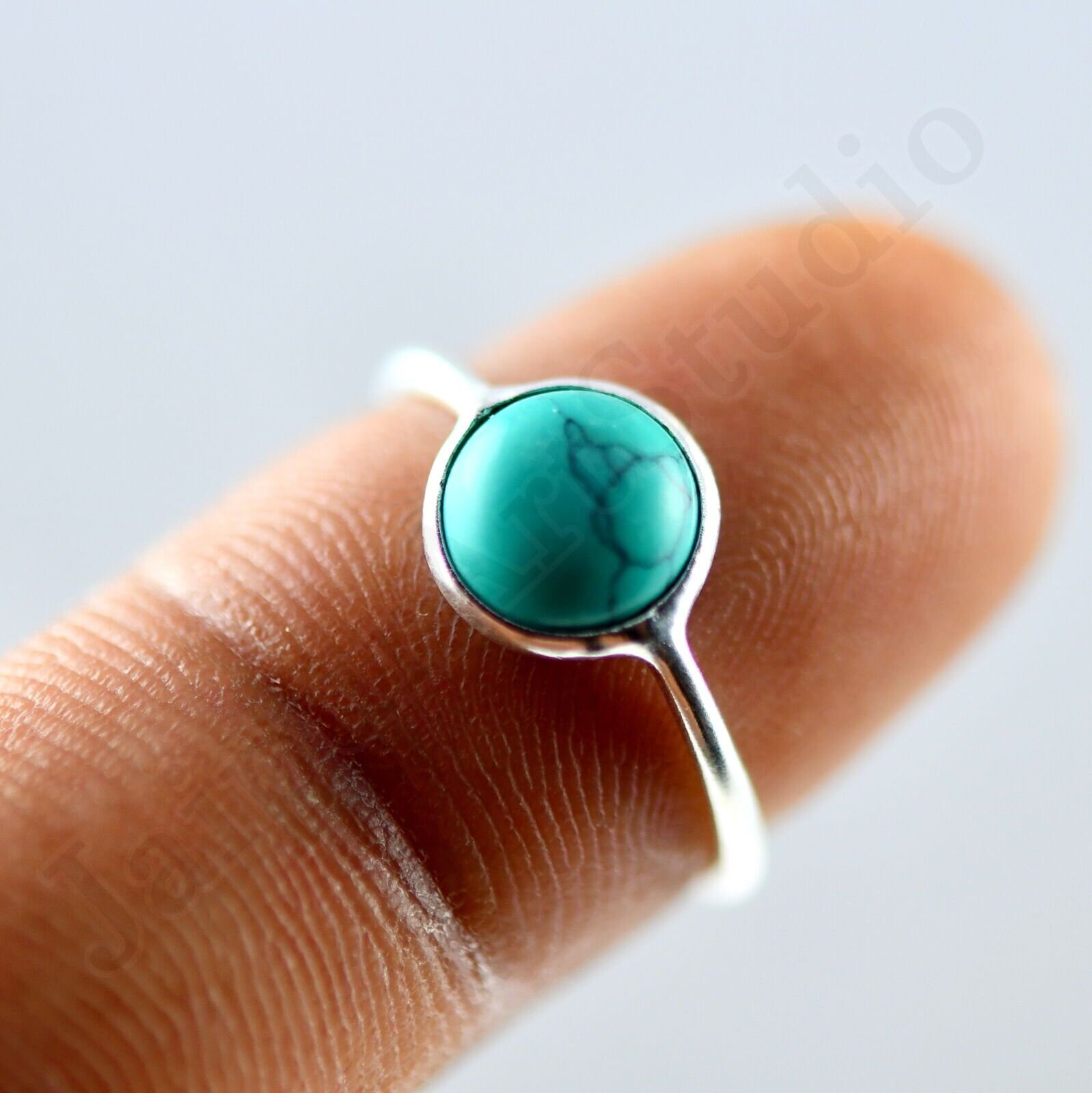Blue Turquoise Ring Natural Stone Ring Round Gemstone 925 Etsy