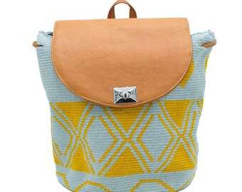 Handgefertigter Rucksack aus Leder und Wayuu, Fair-Trade-Boho-Tasche, einzigartiges handgefertigtes Design, verstellbare Träger, perfekt für die Reise oder den täglichen Gebrauch