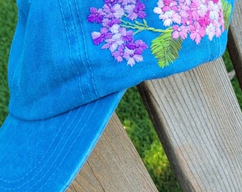 Hand Embroidered Hat, Hydrangeas Ponytail Hat, Sky Blue Cap, Embroidered Baseball Cap