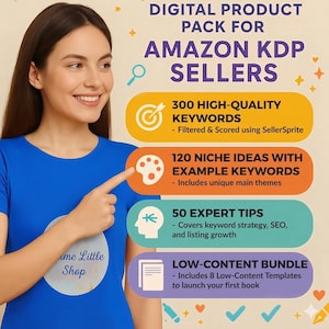 May include: A woman in a blue t-shirt points to a digital product pack for Amazon KDP sellers. The pack includes 300 high-quality keywords, 120 niche ideas, 50 expert tips, and a low-content bundle with templates.