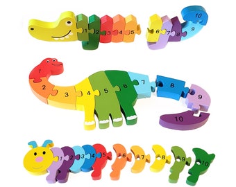 Rompecabezas de madera con forma de animales para niños pequeños - Juguetes de construcción y juegos para aprender colores y números - Bloques de madera Montessori