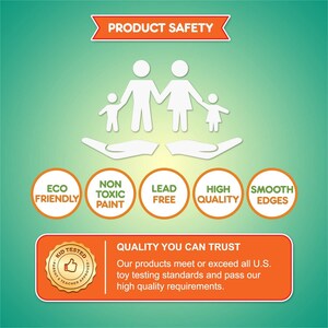 Puede incluir: Ilustraci&oacute;n de seguridad del producto con una familia de cuatro, con un fondo verde y siluetas blancas de padres e hijos tomados de la mano. El texto "PRODUCT SAFETY" est&aacute; en una pancarta roja en la parte superior. Cinco c&iacute;rculos verdes con texto blanco resaltan las caracter&iacute;sticas clave: "ECO FRIENDLY", "NON TOXIC PAINT", "LEAD FREE", "HIGH QUALITY" y "SMOOTH EDGES". Un sello dorado con el texto "KID TESTED PARENT & TEACHER APPROVED" est&aacute; en la esquina inferior izquierda. El texto "QUALITY YOU CAN TRUST" est&aacute; en una pancarta roja en la parte inferior, seguido del texto "Nuestros productos cumplen o superan todos los est&aacute;ndares de prueba de juguetes de EE. UU. y cumplen con nuestros requisitos de alta calidad."