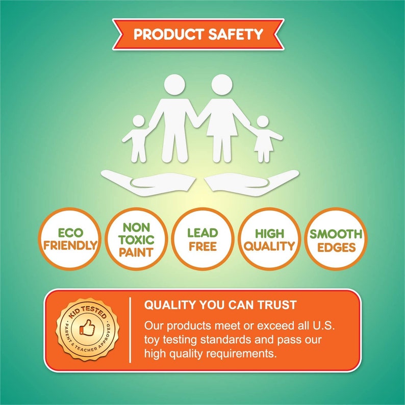 Puede incluir: Ilustraci&oacute;n de seguridad del producto con una familia de cuatro, con un fondo verde y siluetas blancas de padres e hijos tomados de la mano. El texto "PRODUCT SAFETY" est&aacute; en una pancarta roja en la parte superior. Cinco c&iacute;rculos verdes con texto blanco resaltan las caracter&iacute;sticas clave: "ECO FRIENDLY", "NON TOXIC PAINT", "LEAD FREE", "HIGH QUALITY" y "SMOOTH EDGES". Un sello dorado con el texto "KID TESTED PARENT & TEACHER APPROVED" est&aacute; en la esquina inferior izquierda. El texto "QUALITY YOU CAN TRUST" est&aacute; en una pancarta roja en la parte inferior, seguido del texto "Nuestros productos cumplen o superan todos los est&aacute;ndares de prueba de juguetes de EE. UU. y cumplen con nuestros requisitos de alta calidad."