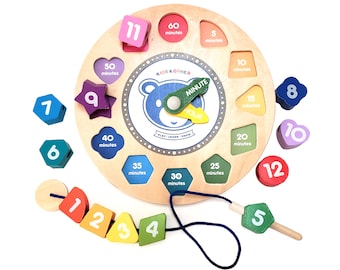 Montessori Wood Clock Toy – Shapes, Colors, Lacing, Glow-in-Dark